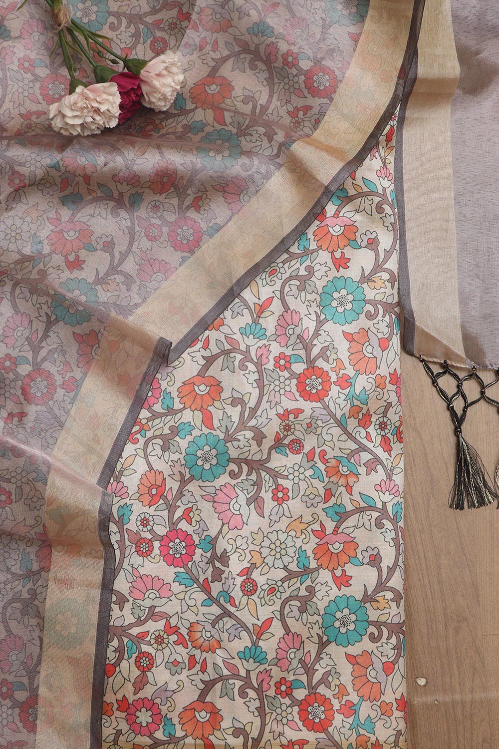 Pastel Kalamkari Digital Printed Tussar Silk Suit With Pastel Banarasi Tissue Dupatta - Luxurion World
