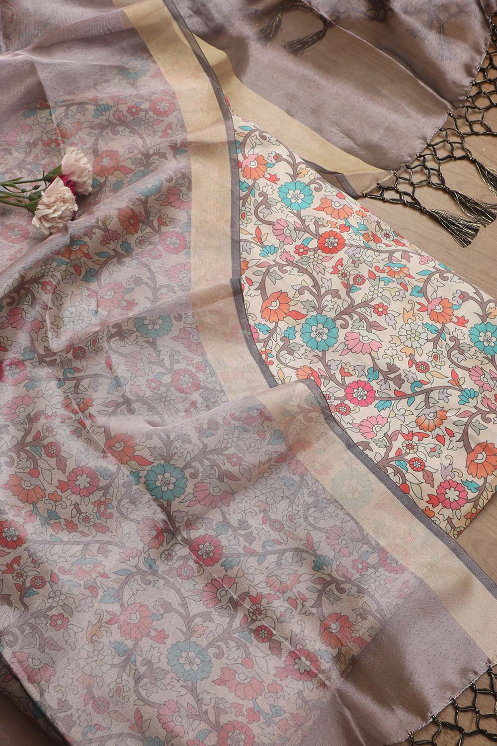 Pastel Kalamkari Digital Printed Tussar Silk Suit With Pastel Banarasi Tissue Dupatta - Luxurion World