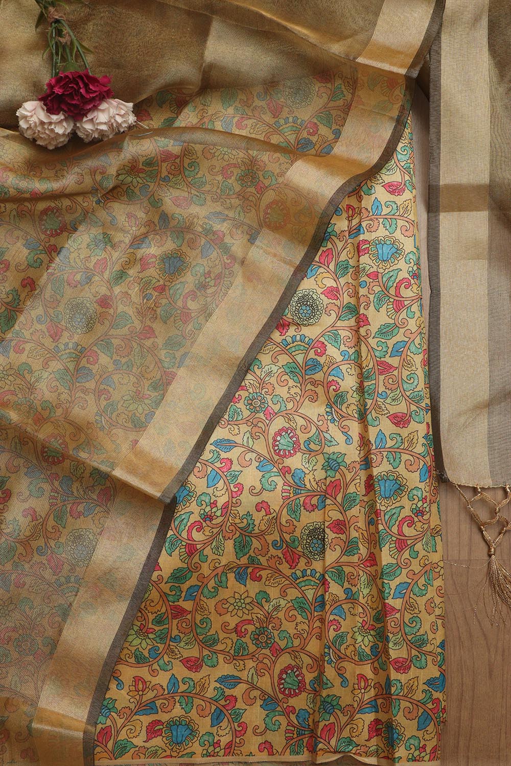 Yellow Kalamkari Digital Printed Tussar Silk Suit With Banarasi Tissue Dupatta - Luxurion World