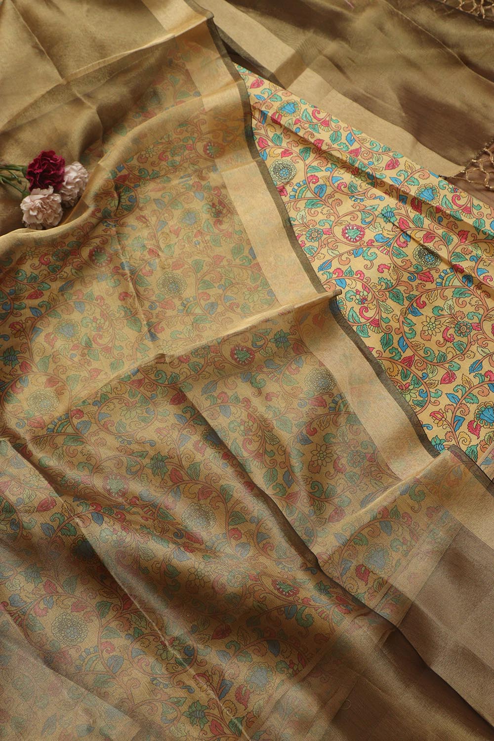 Yellow Kalamkari Digital Printed Tussar Silk Suit With Banarasi Tissue Dupatta - Luxurion World