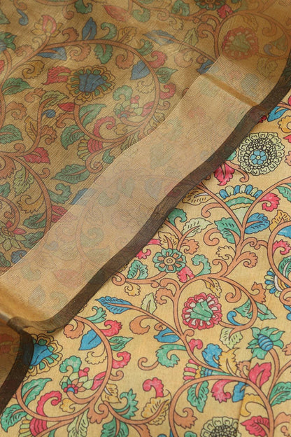 Yellow Kalamkari Digital Printed Tussar Silk Suit With Banarasi Tissue Dupatta - Luxurion World