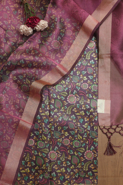 Elegant Purple Kalamkari Digital Printed Tussar Silk Suit With Banarasi Tissue Dupatta - Luxurion World