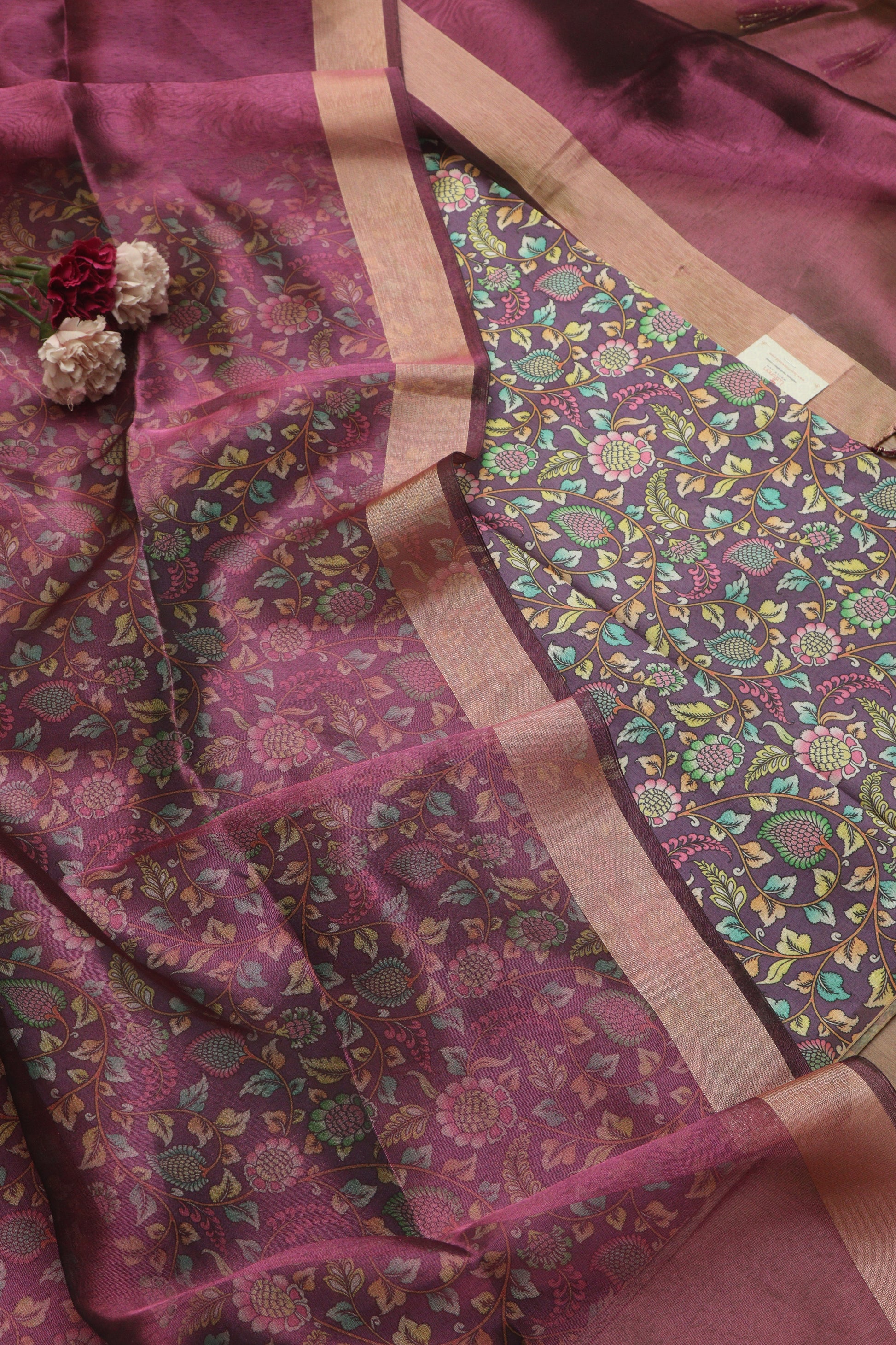 Elegant Purple Kalamkari Digital Printed Tussar Silk Suit With Banarasi Tissue Dupatta - Luxurion World