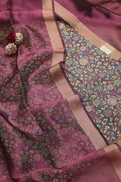 Elegant Purple Kalamkari Digital Printed Tussar Silk Suit With Banarasi Tissue Dupatta - Luxurion World