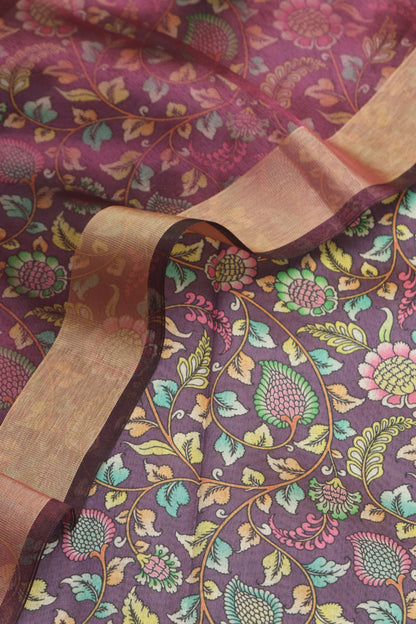 Elegant Purple Kalamkari Digital Printed Tussar Silk Suit With Banarasi Tissue Dupatta - Luxurion World