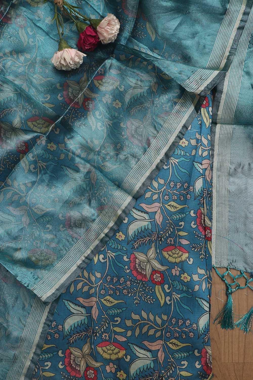 Blue Kalamkari Digital Printed Tussar Silk Suit With Banarasi Tissue Dupatta - Luxurion World