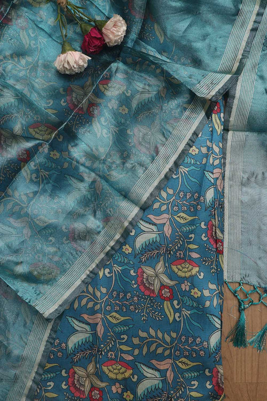 Blue Kalamkari Digital Printed Tussar Silk Suit With Banarasi Tissue Dupatta - Luxurion World