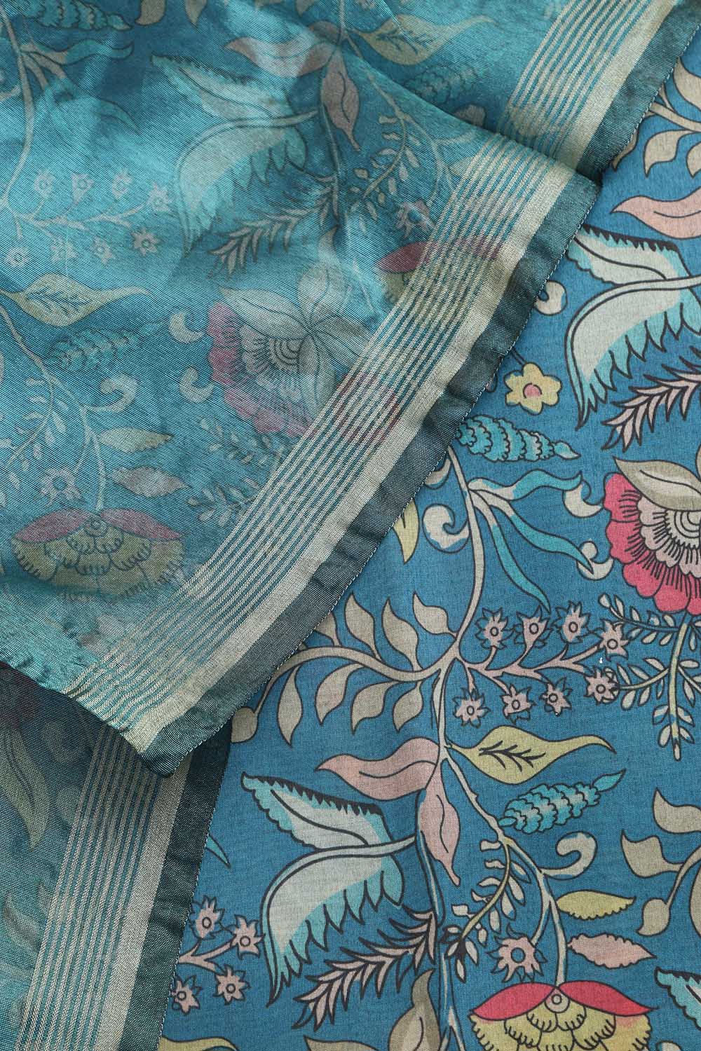 Blue Kalamkari Digital Printed Tussar Silk Suit With Banarasi Tissue Dupatta - Luxurion World