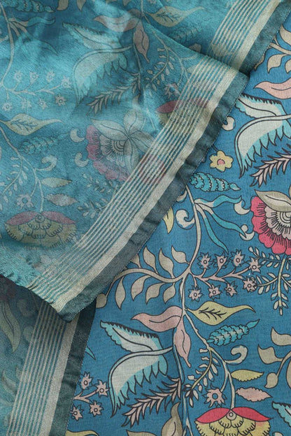 Blue Kalamkari Digital Printed Tussar Silk Suit With Banarasi Tissue Dupatta - Luxurion World