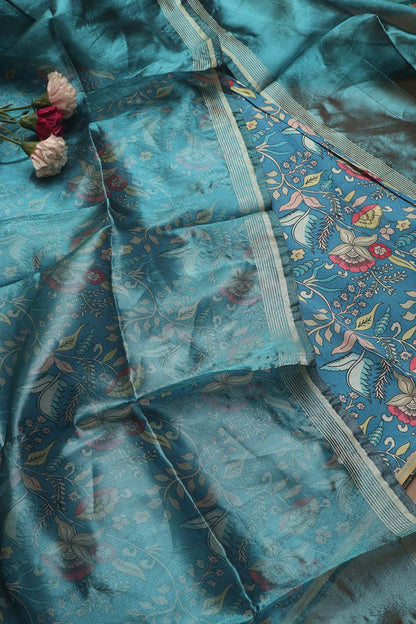 Blue Kalamkari Digital Printed Tussar Silk Suit With Banarasi Tissue Dupatta - Luxurion World