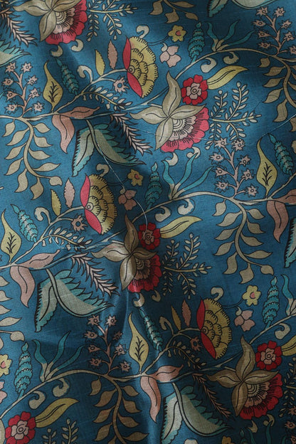 Blue Kalamkari Digital Printed Tussar Silk Suit With Banarasi Tissue Dupatta - Luxurion World