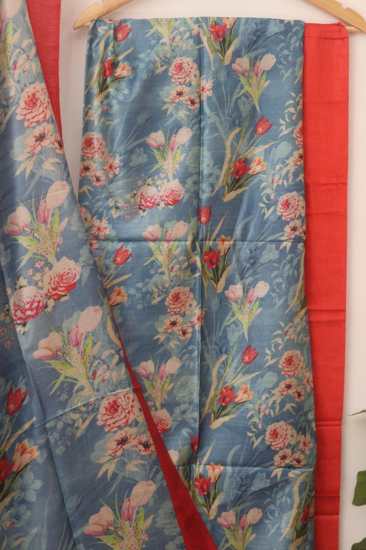 Digital Print Blue Tussar Moonga Suit Set - Stylish & Unstitched - Luxurion World