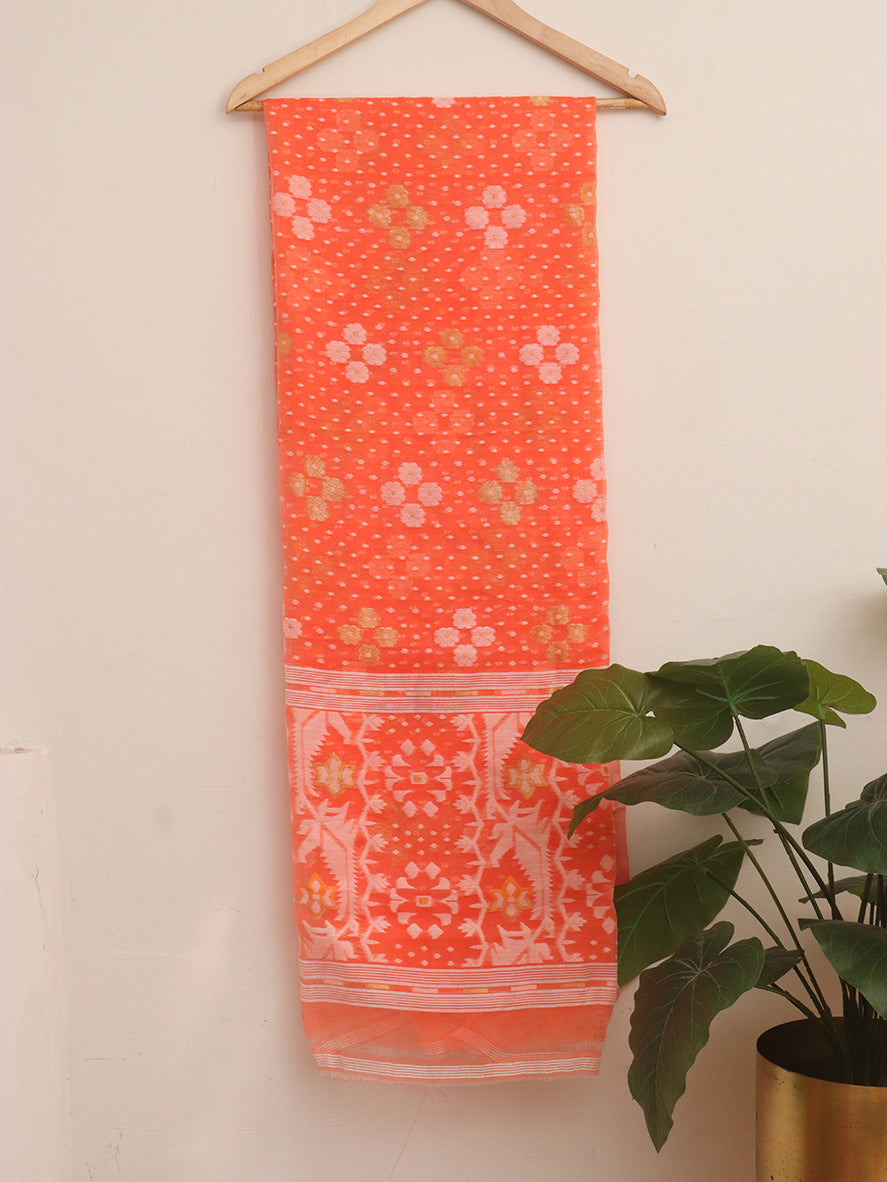 Orange Handloom Jamdani Chanderi Silk Two Piece Unstitched Suit Set - Luxurion World
