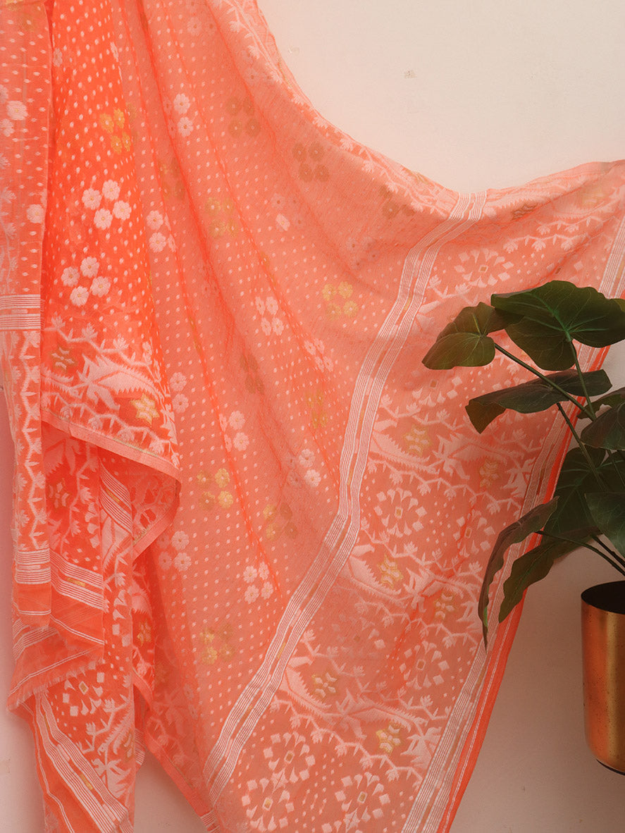 Orange Handloom Jamdani Chanderi Silk Two Piece Unstitched Suit Set - Luxurion World