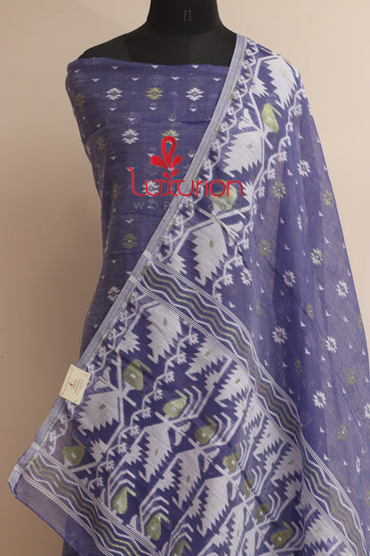 Blue Jamdani Cotton Silk Three Piece Unstitched Suit Set - Luxurion World