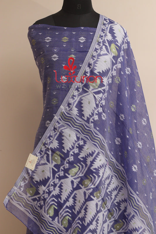 Blue Jamdani Cotton Silk Three Piece Unstitched Suit Set - Luxurion World