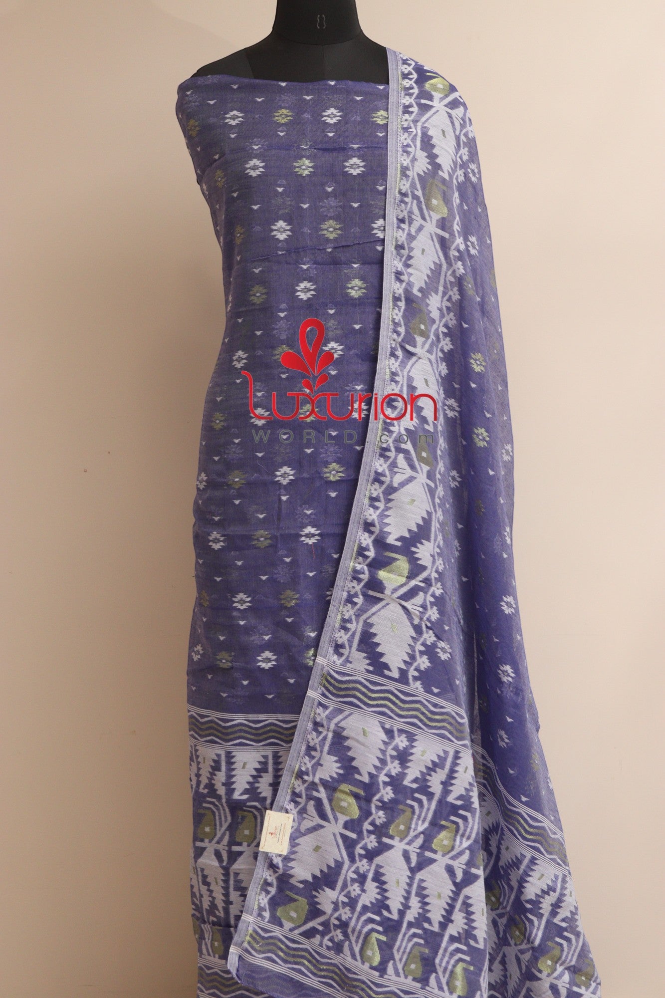 Blue Jamdani Cotton Silk Three Piece Unstitched Suit Set - Luxurion World