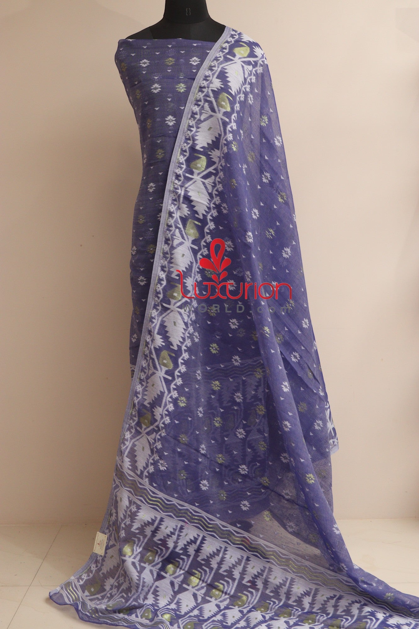 Blue Jamdani Cotton Silk Three Piece Unstitched Suit Set - Luxurion World