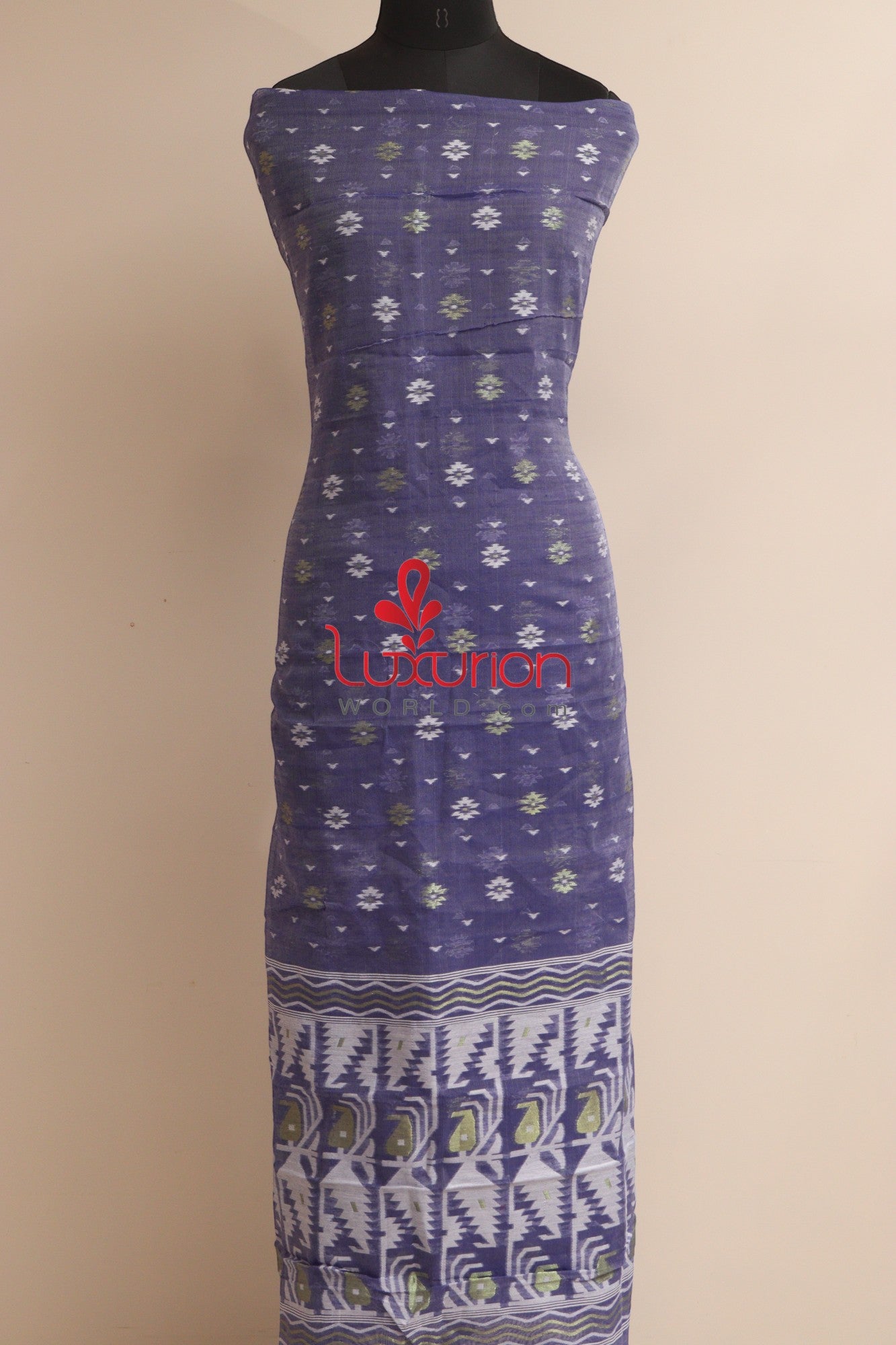 Blue Jamdani Cotton Silk Three Piece Unstitched Suit Set - Luxurion World