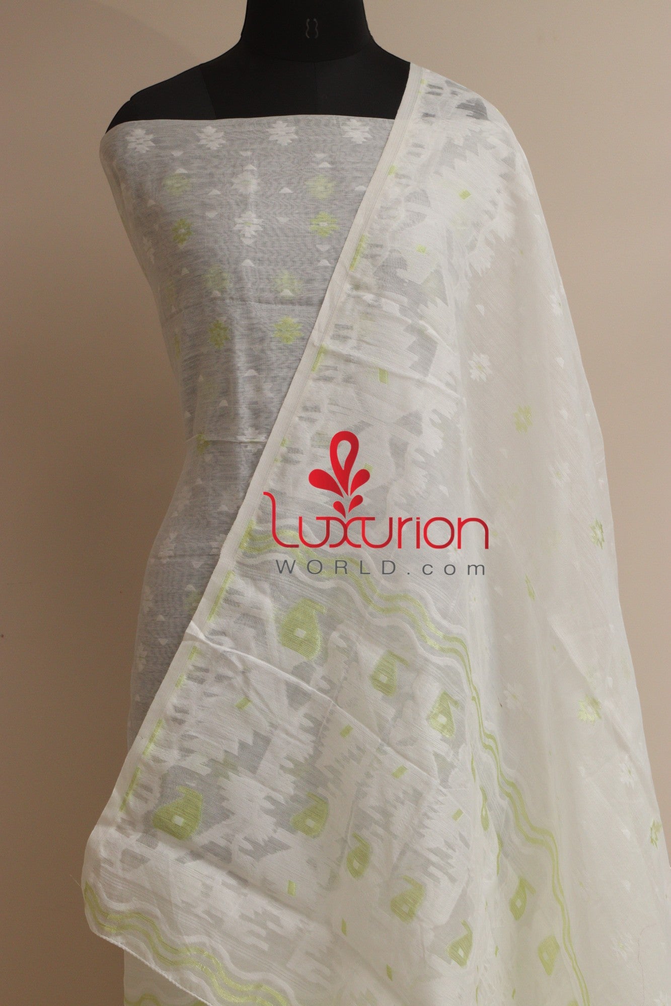 White Jamdani Cotton Silk Three Piece Unstitched Suit Set - Luxurion World