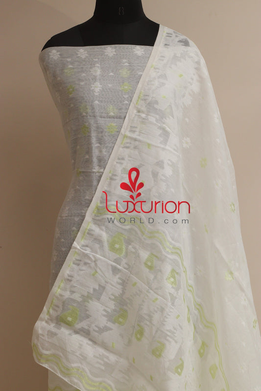 White Jamdani Cotton Silk Three Piece Unstitched Suit Set - Luxurion World