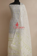 White Jamdani Cotton Silk Three Piece Unstitched Suit Set - Luxurion World