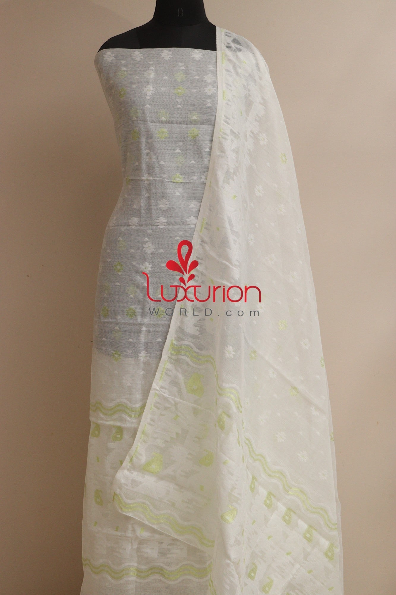 White Jamdani Cotton Silk Three Piece Unstitched Suit Set - Luxurion World