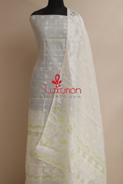 White Jamdani Cotton Silk Three Piece Unstitched Suit Set - Luxurion World