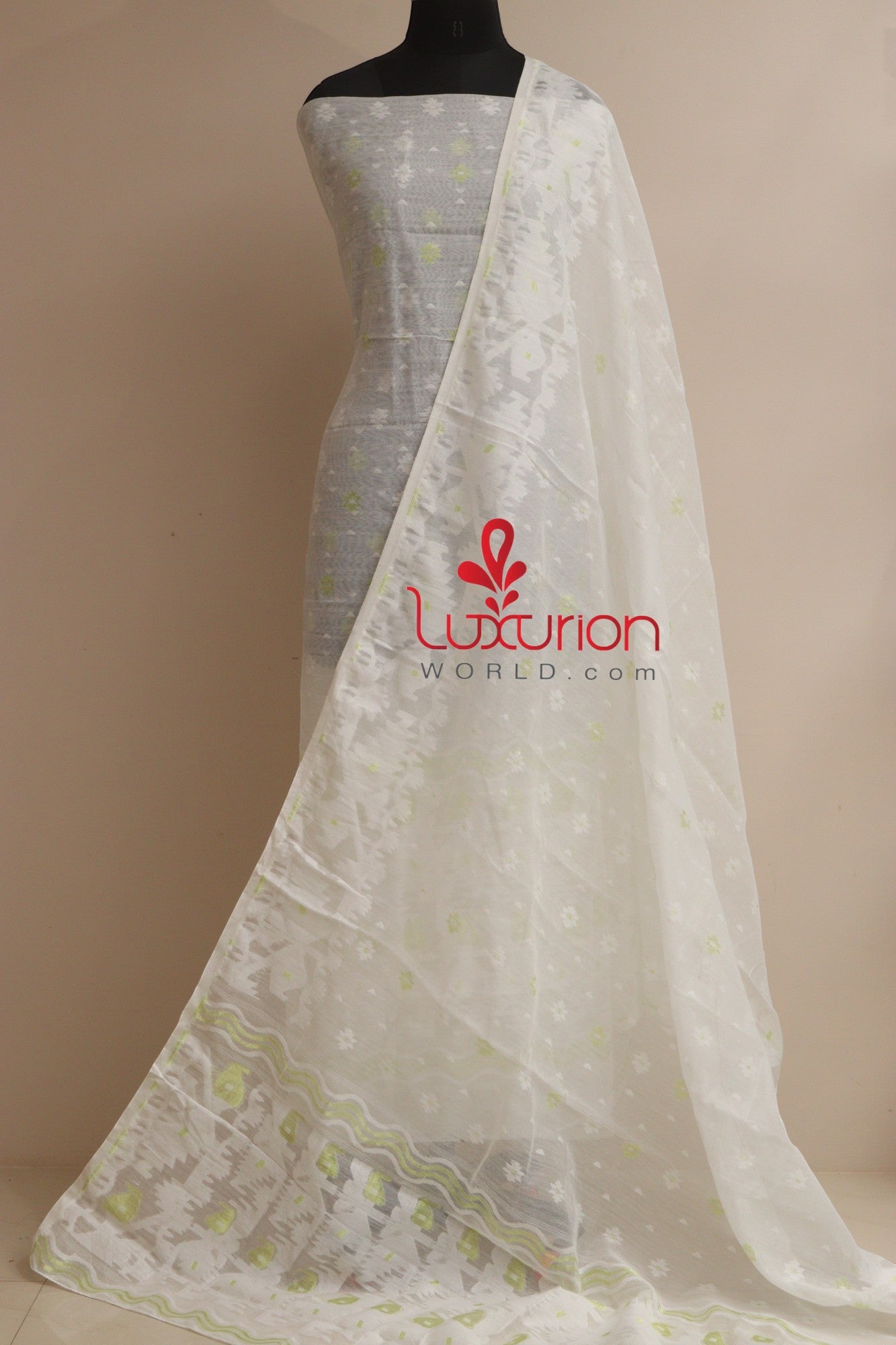 White Jamdani Cotton Silk Three Piece Unstitched Suit Set - Luxurion World