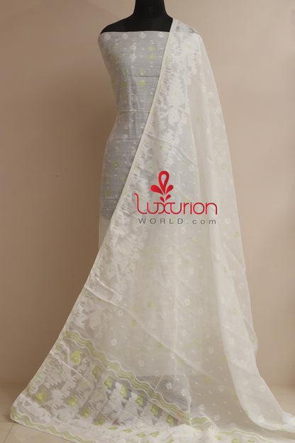 White Jamdani Cotton Silk Three Piece Unstitched Suit Set - Luxurion World