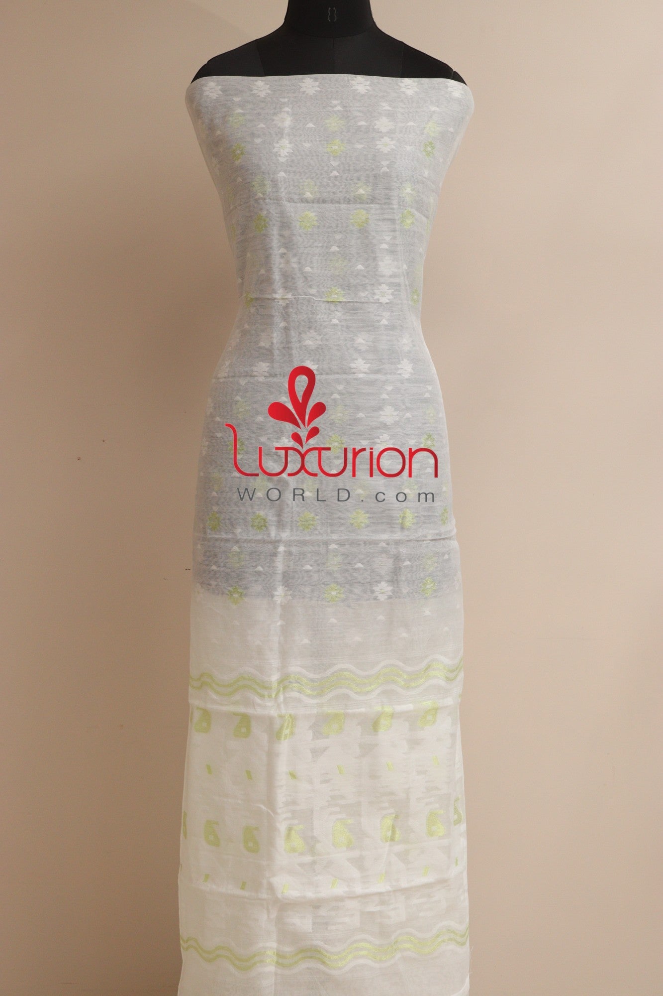 White Jamdani Cotton Silk Three Piece Unstitched Suit Set - Luxurion World