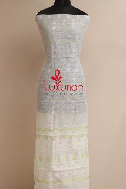 White Jamdani Cotton Silk Three Piece Unstitched Suit Set - Luxurion World