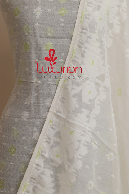 White Jamdani Cotton Silk Three Piece Unstitched Suit Set - Luxurion World