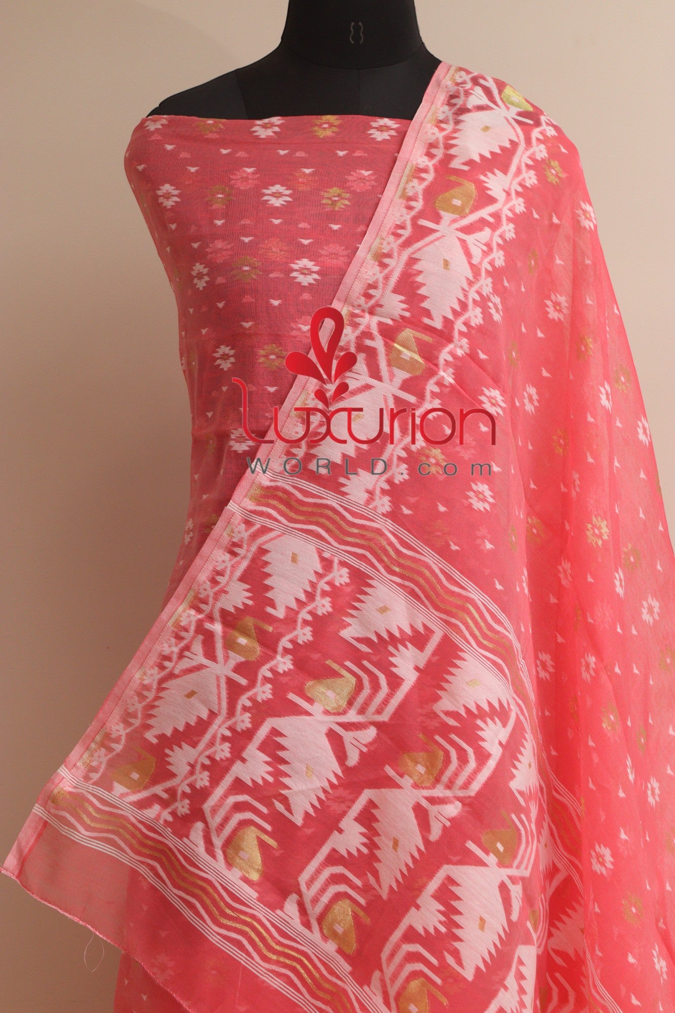 Stunning Pink Jamdani Cotton Silk Three Piece Unstitched Suit Set - Luxurion World
