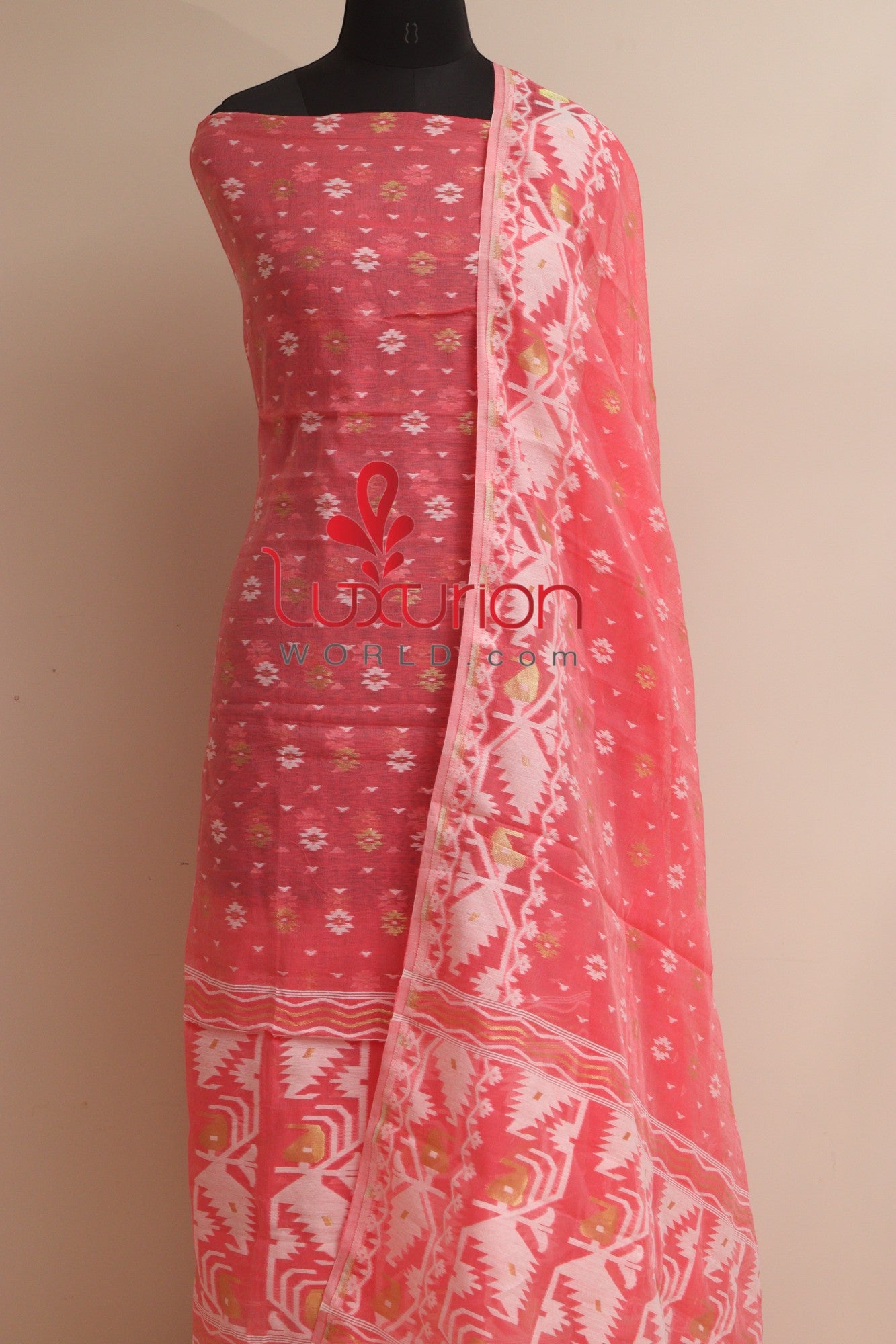 Stunning Pink Jamdani Cotton Silk Three Piece Unstitched Suit Set - Luxurion World