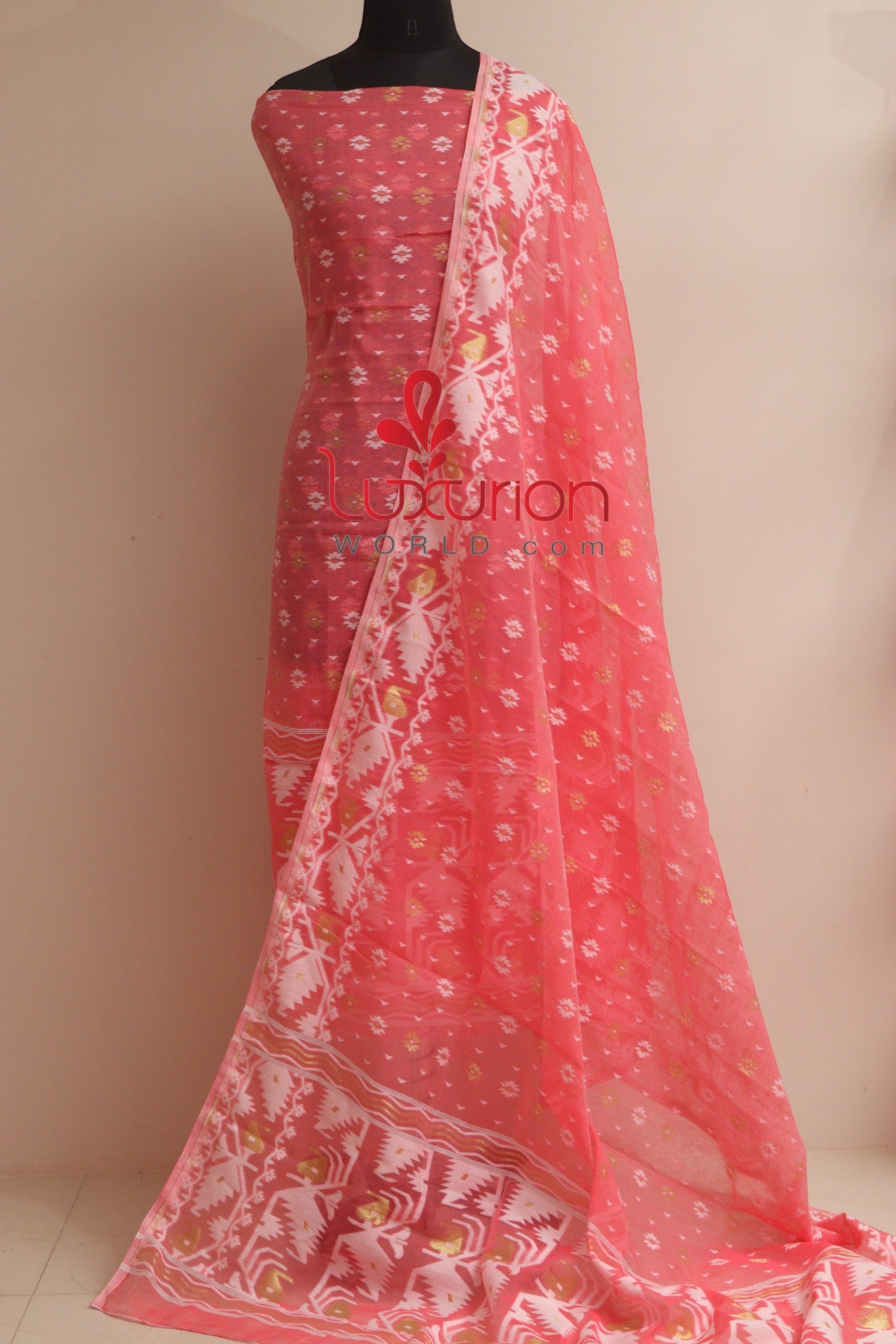 Stunning Pink Jamdani Cotton Silk Three Piece Unstitched Suit Set - Luxurion World