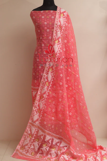 Stunning Pink Jamdani Cotton Silk Three Piece Unstitched Suit Set - Luxurion World