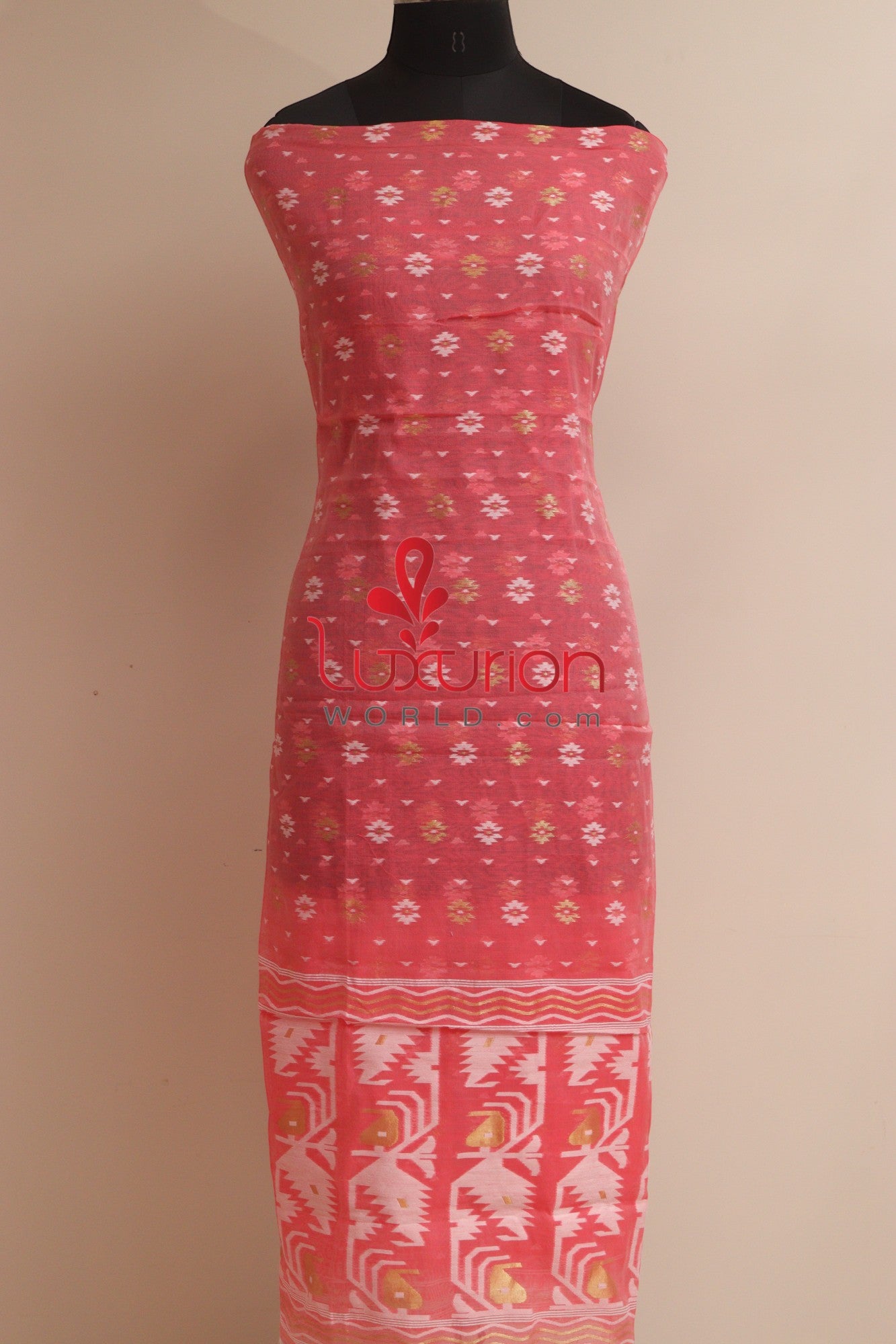 Stunning Pink Jamdani Cotton Silk Three Piece Unstitched Suit Set - Luxurion World