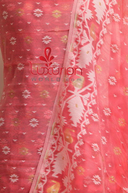 Stunning Pink Jamdani Cotton Silk Three Piece Unstitched Suit Set - Luxurion World