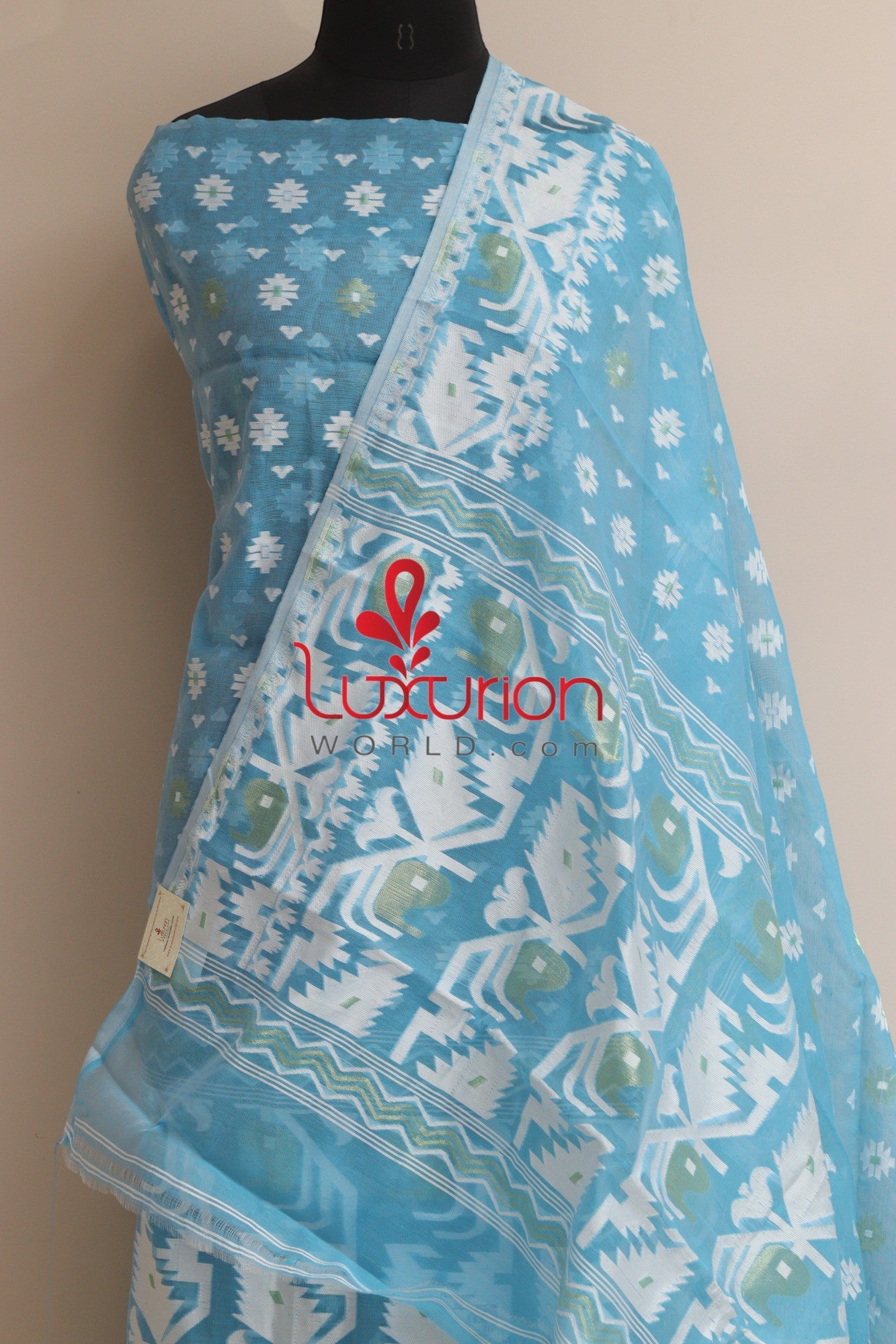 Blue Jamdani Cotton Silk Three Piece Unstitched Suit Set - Luxurion World