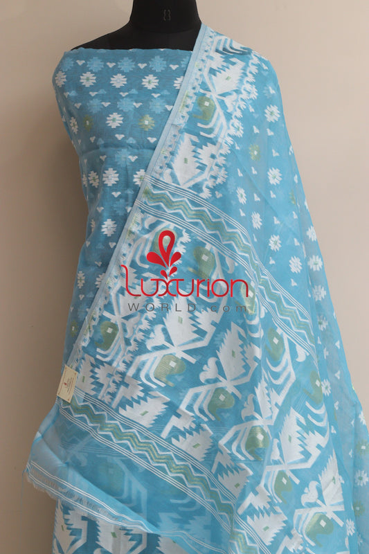 Blue Jamdani Cotton Silk Three Piece Unstitched Suit Set - Luxurion World