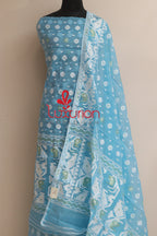 Blue Jamdani Cotton Silk Three Piece Unstitched Suit Set - Luxurion World