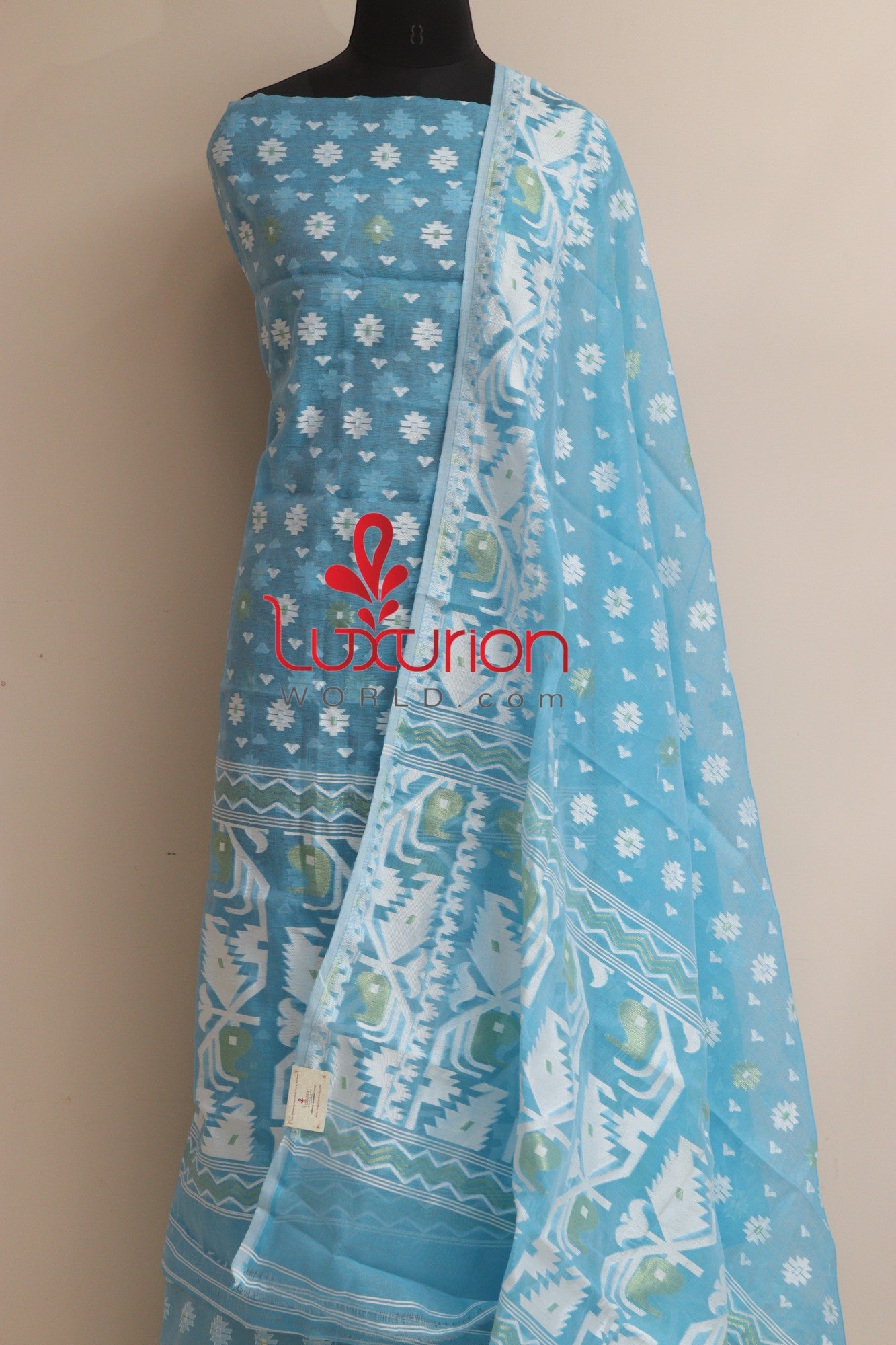 Blue Jamdani Cotton Silk Three Piece Unstitched Suit Set - Luxurion World