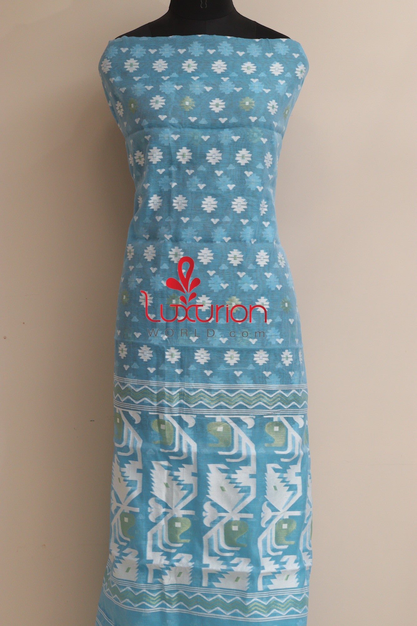 Blue Jamdani Cotton Silk Three Piece Unstitched Suit Set - Luxurion World