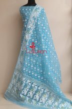 Blue Jamdani Cotton Silk Three Piece Unstitched Suit Set - Luxurion World