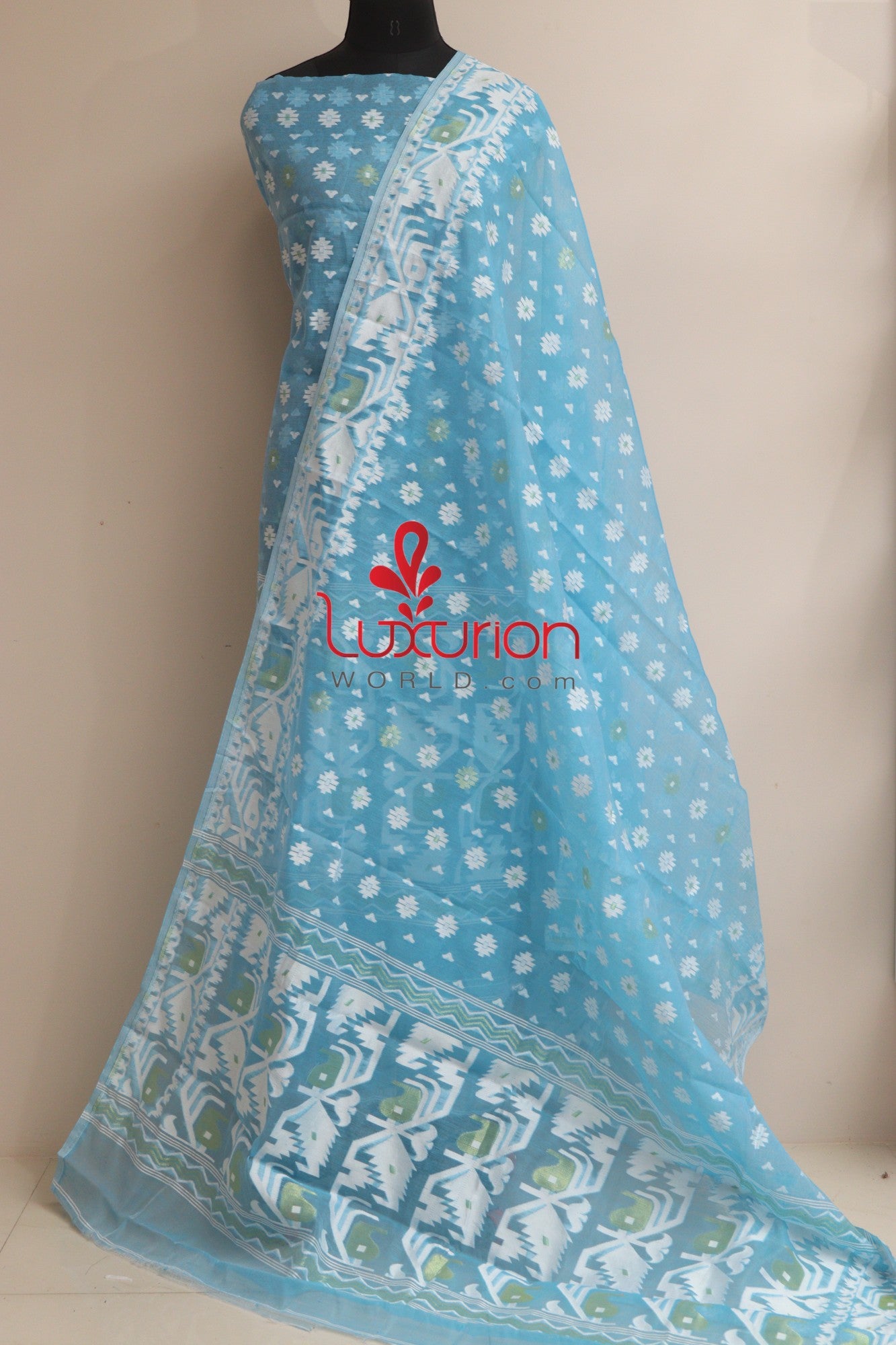 Blue Jamdani Cotton Silk Three Piece Unstitched Suit Set - Luxurion World