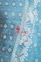 Blue Jamdani Cotton Silk Three Piece Unstitched Suit Set - Luxurion World
