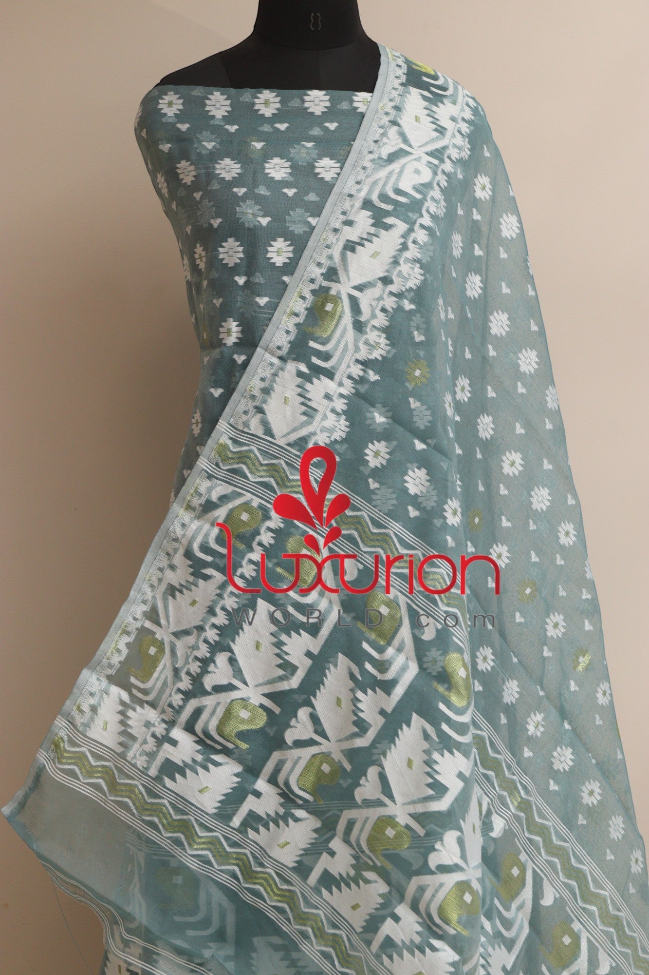 Grey Jamdani Cotton Silk Three Piece Unstitched Suit Set - Luxurion World