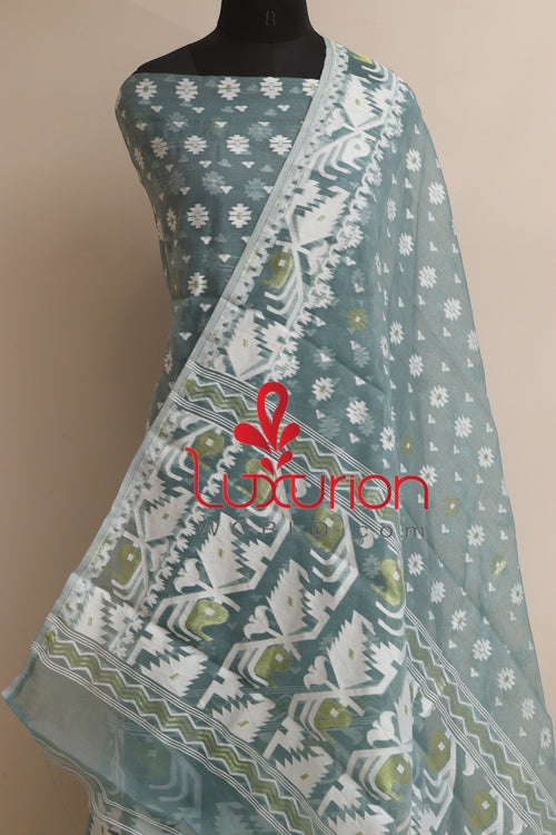 Grey Jamdani Cotton Silk Three Piece Unstitched Suit Set - Luxurion World