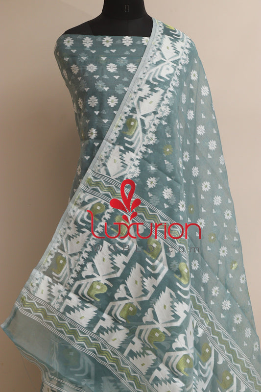 Grey Jamdani Cotton Silk Three Piece Unstitched Suit Set - Luxurion World